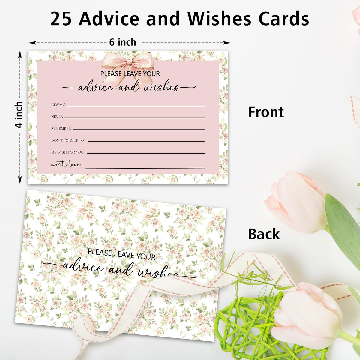 Pink Bow Advice and Wishes Card, Flower Advice Cards for The Bride and Groom, Bridal Shower,Wedding