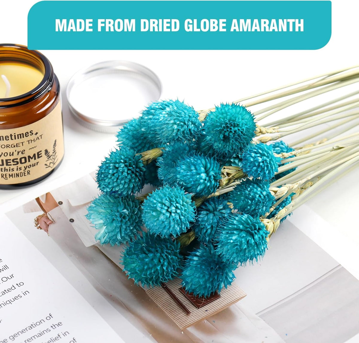 Dried Flower Tiffany Blue Globe Amaranth with Wheat Straw Natural - 40PCS Bouquet for Vase Home