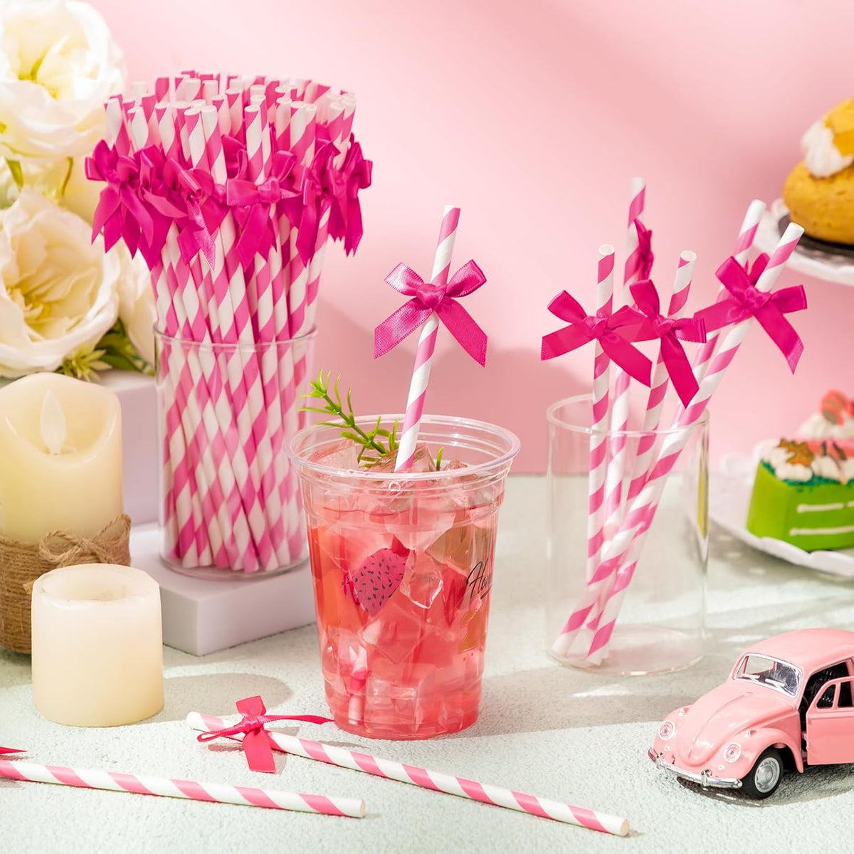 100 Pcs Rose Red Paper Straws for Drinking, Bow Disposable Striped Paper Straws Bulk Rose Red Theme