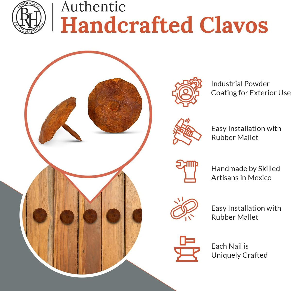 10 Pack 1.5" Round Head Iron Clavos Decorative Nails – Rusted – Handmade Rustic Round Fasteners for