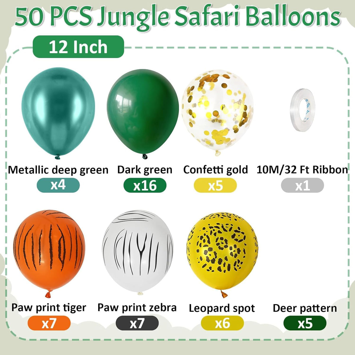 Jungle Safari Balloons, 50 Pcs Animal Print Balloons, 12 Inch Dark Metallic Green Gold Confetti