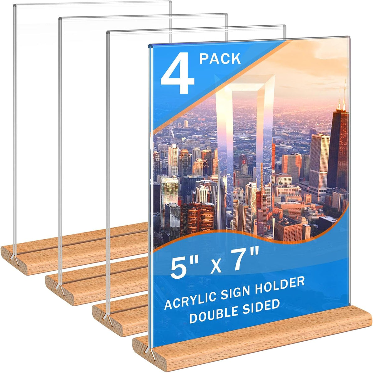 Kersally Acrylic Sign Holder 5 x 7, 4 Pack Double-Sided Clear Table Display Stands with Wood