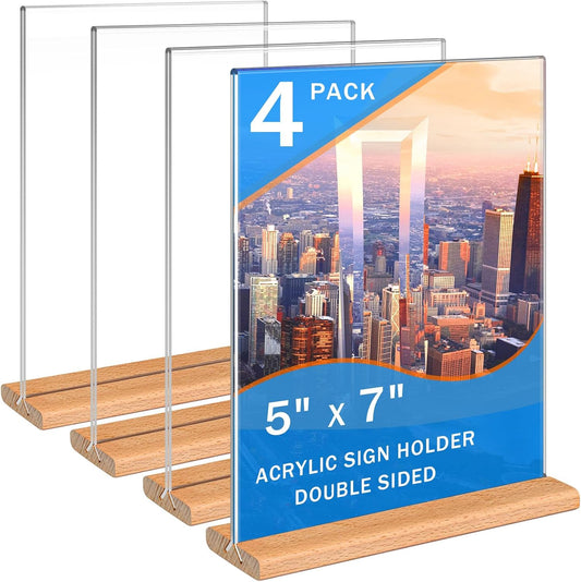 Kersally Acrylic Sign Holder 5 x 7, 4 Pack Double-Sided Clear Table Display Stands with Wood