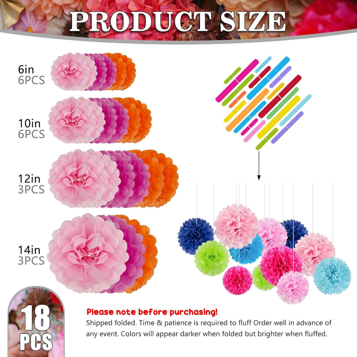 Tissue Paper Pom Poms, Pink,Orange,Fuchsia Tissue Paper Flowers, Hanging Flower Balls for Weddings