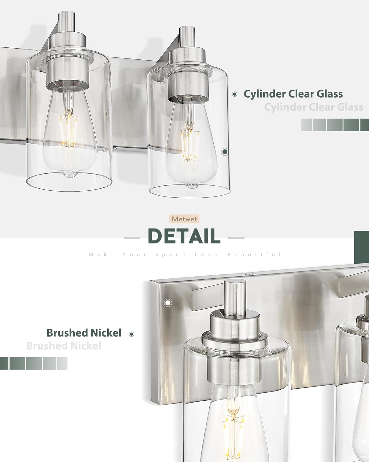 3-Light Bathroom Light Fixtures, Brushed Nickel Vanity Light with Cylinder Clear Glass Shade