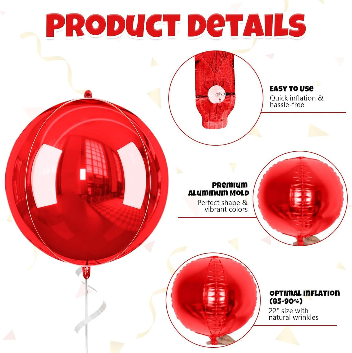 Red Giant 4D Foil Balloons, 6Pcs Large Metallic Round Balloons, 22 Inch Big Round Foil Balloon for