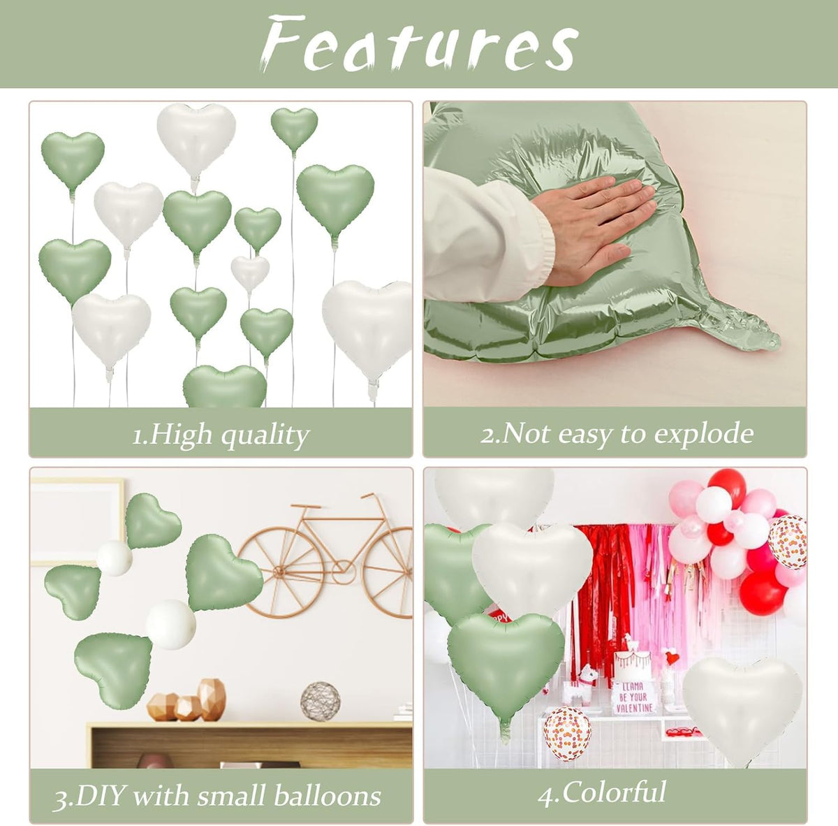 Sage Green White Heart Balloons, 10PCS Green Beige Foil Heart Balloons, 18inch Olive Green Cream