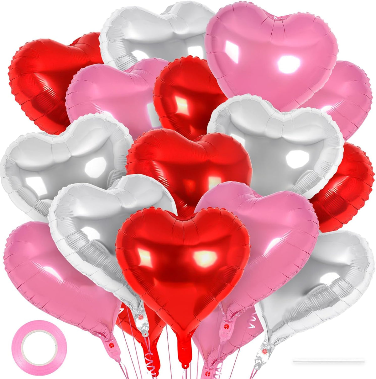 24 Pcs Red Pink Silver Heart Balloons,18 inch Heart Foil Balloons Love Balloons Valentine Balloons