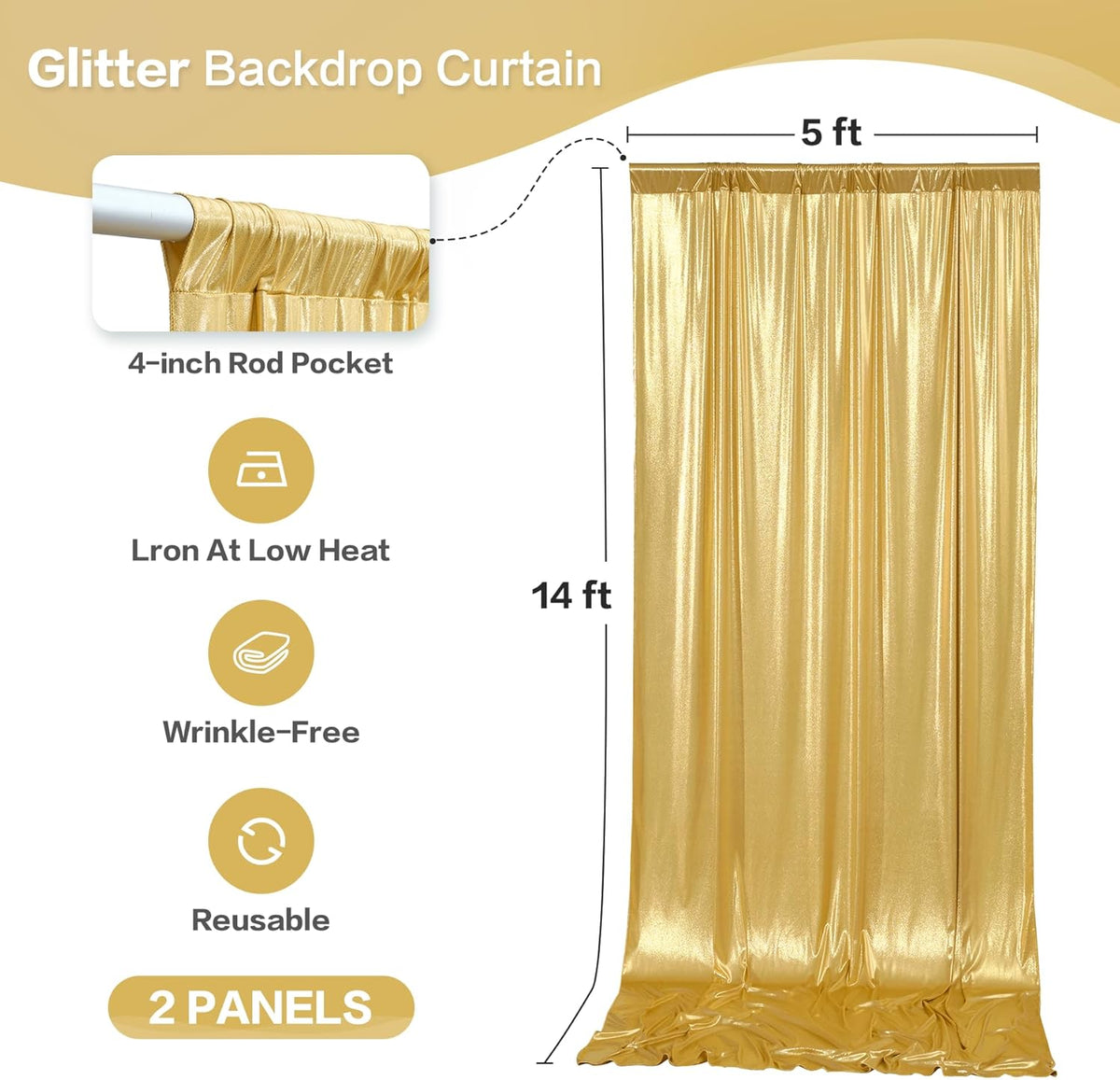 gogoparti 10x14FT Gold Sequin Backdrop Curtain - 2 Panels of 5x14FT Wrinkle-Free Reusable Glitter