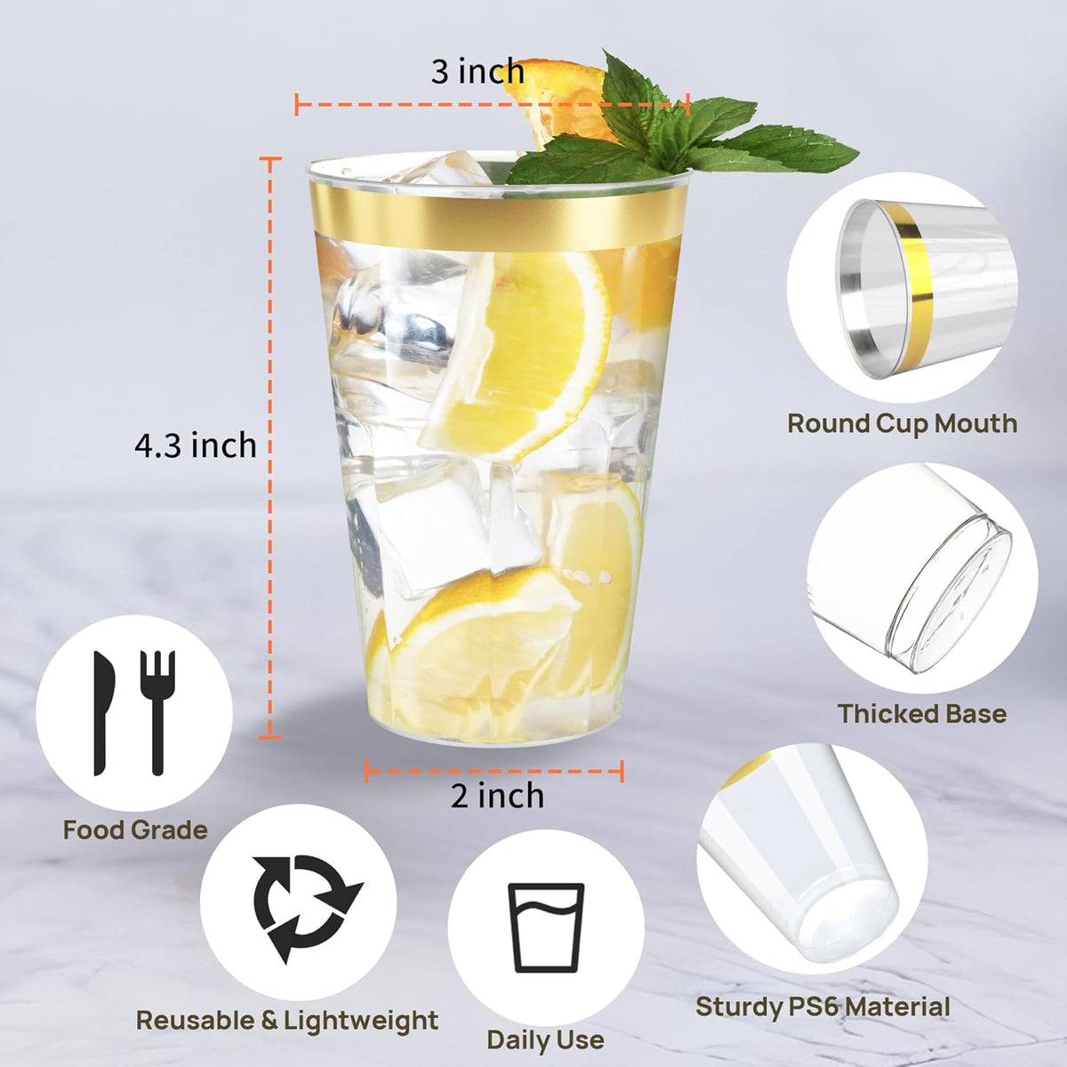12oz Clear Plastic Cups with Gold Rimmed Sturdy & Food Safe Disposable Wine Glasses Wedding Cups
