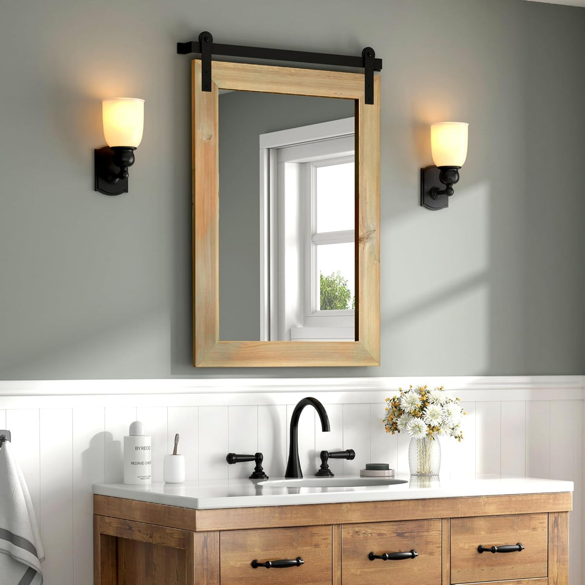 COGOOD Farmhouse Barn Door Mirror - 21" x 30" Rustic Wood Framed Wall Mirror for Bathroom, Living