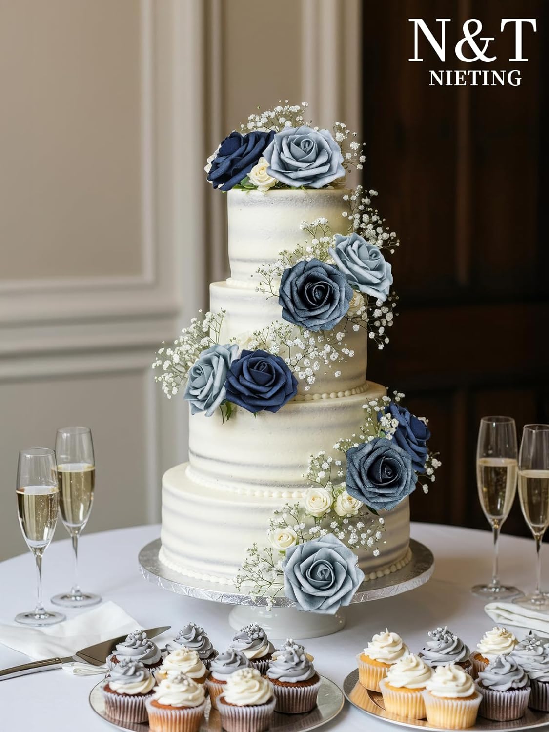 N&T NIETING Dusty Blue Fake Roses,50pcs Artificial Flowers Faux Flowers Fake Flowers for DIY