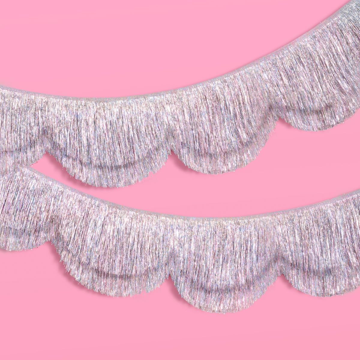 xo, Fetti Silver Iridescent Scalloped Fringe Banner - 6 Ft. | Bachelorette Party Decorations