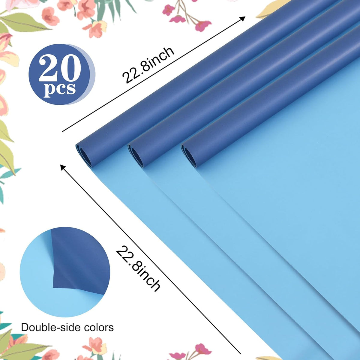 BEISHIDA 20Pcs Royal Blue and Sky Blue Double Sided Floral Wrapping Paper Matte Waterproof Flower