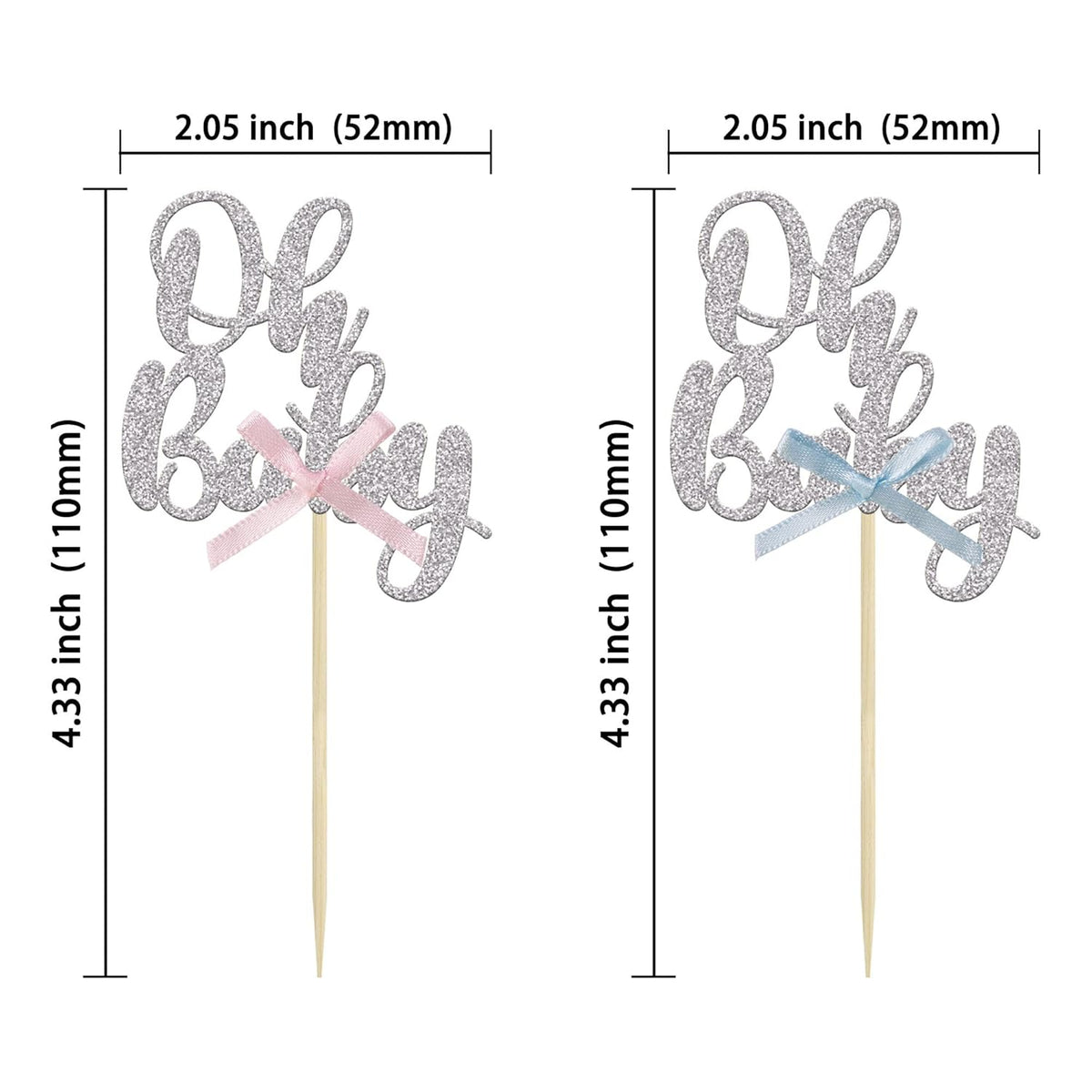Gyufise 36Pcs Oh Baby Cupcake Toppers with Blue Pink Bowknot Silver Glitter Baby Shower Cupcake