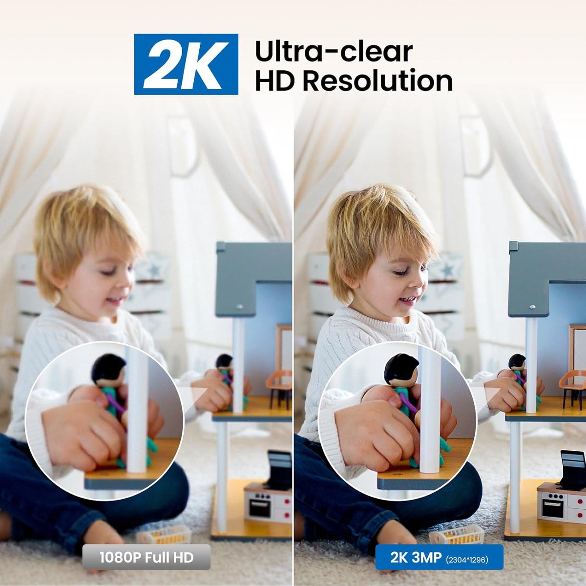2K Home Security Cameras-2.4Ghz WiFi Indoor Camera with 360° Motion Detection for
