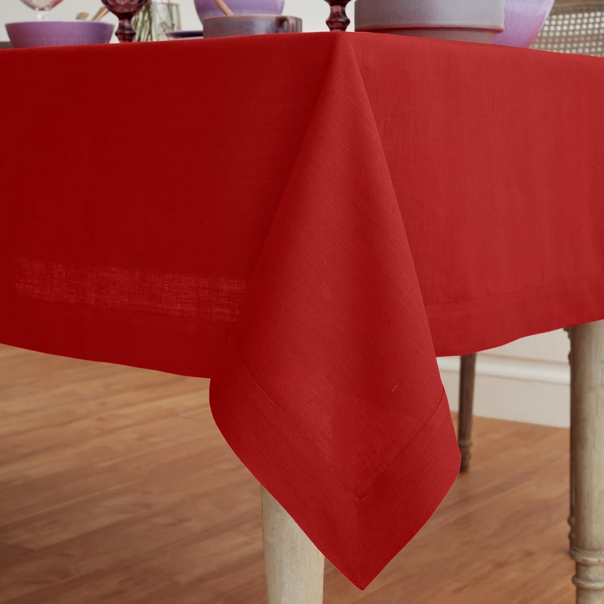Solino Home Linen Red Tablecloth 60 x 132 Inch - 100% Pure Linen Rectangular Tablecloth - Machine