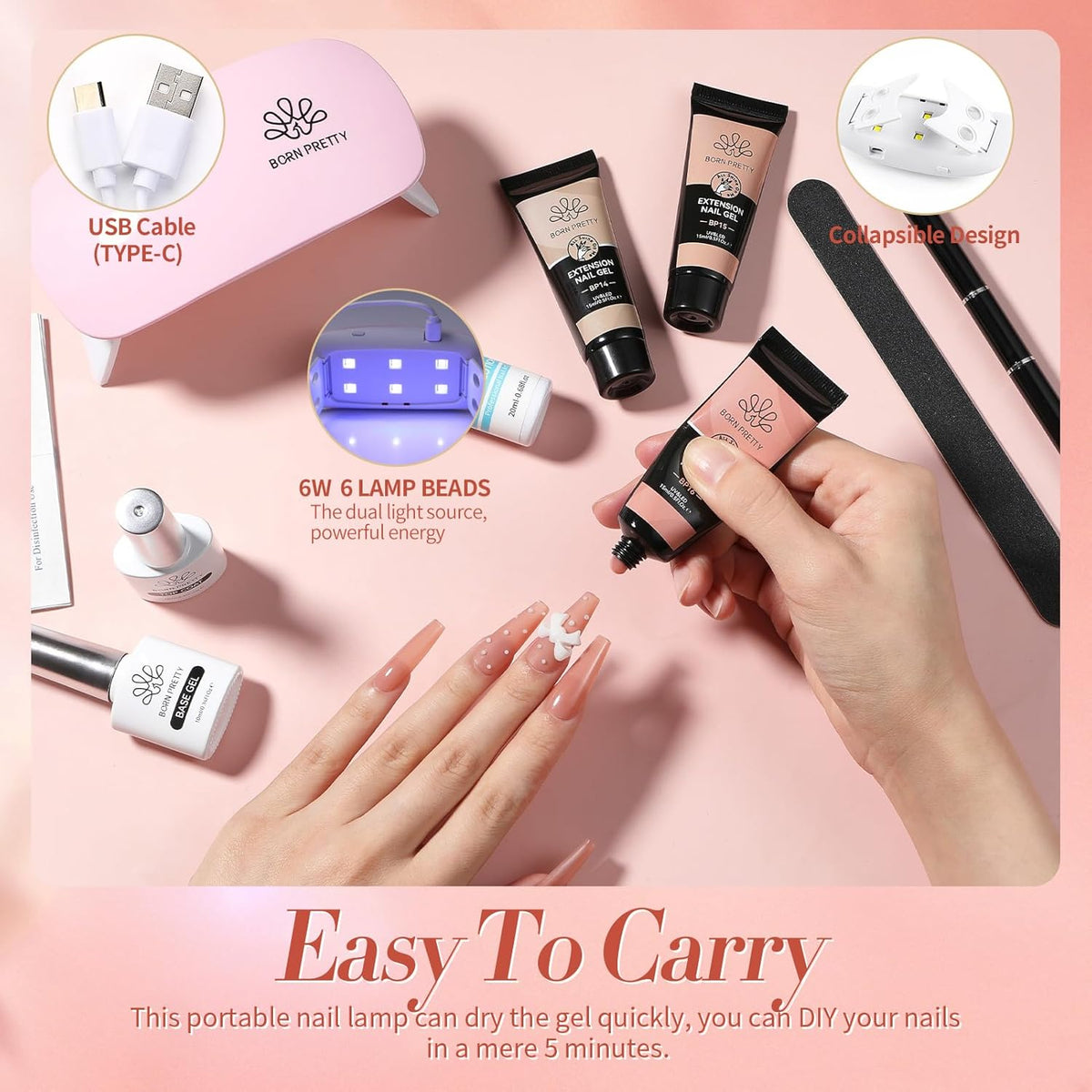 BORN PRETTY Extension Nail Gel Kit-6 Colors Gel Kit Nude Clear Jelly All-In-1 Set Builder Glue with
