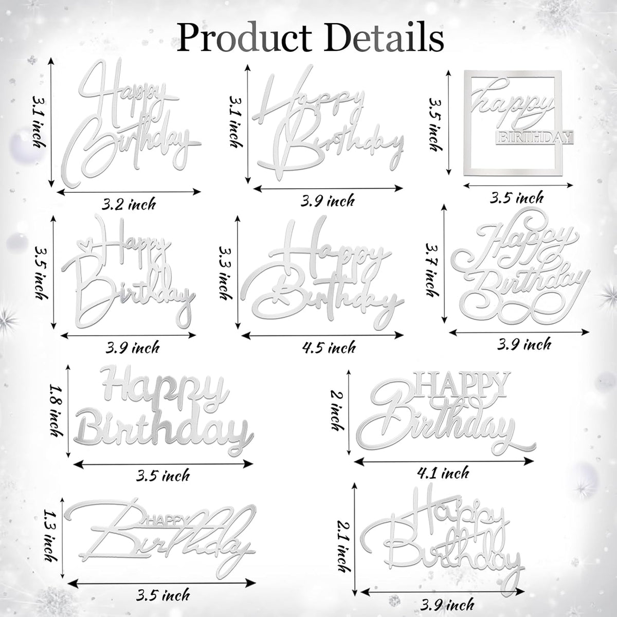 10 PCS Silver Happy Birthday Cake Topper Mirror Acrylic Cake Toppers Double-Sided Glitter Birthday
