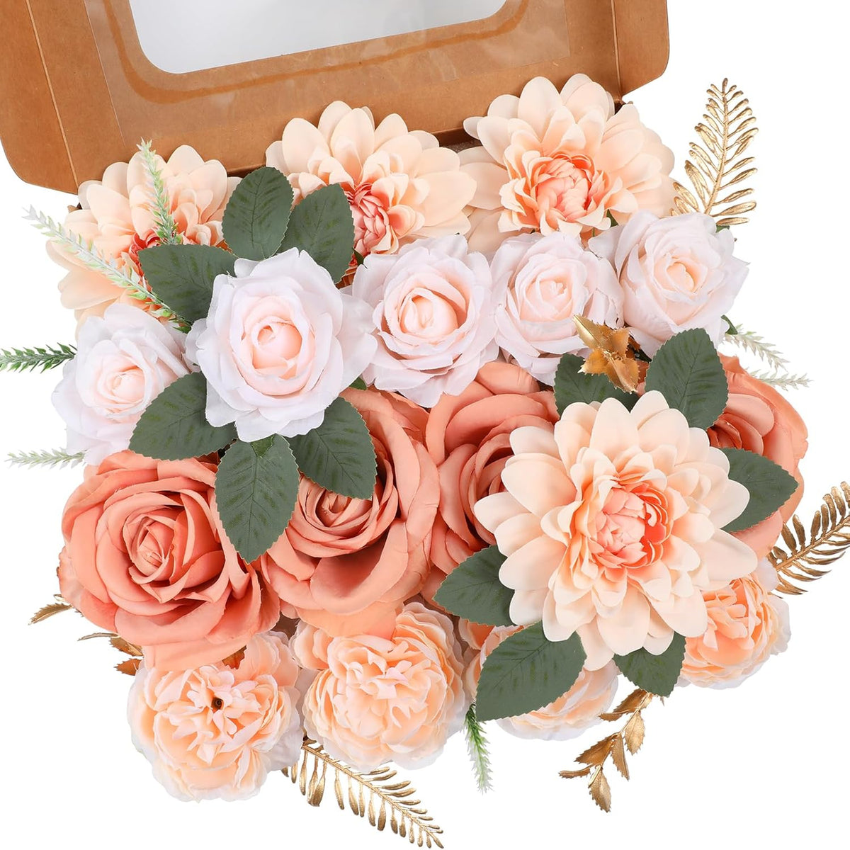 Artificial Flowers Combo, Mix Silk Flowers Roses, Peonies, Dahlias with Stems for DIY Wedding