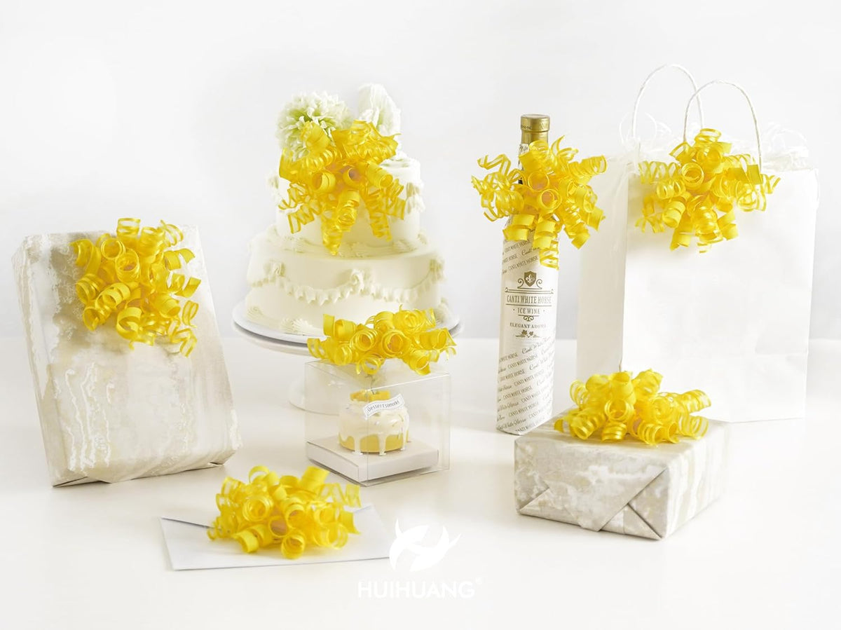 HUIHUANG Yellow Present Bows Gift Wrap Accessory Curly Ribbon Gift Bows 5 inch x 8 Counts Stick On