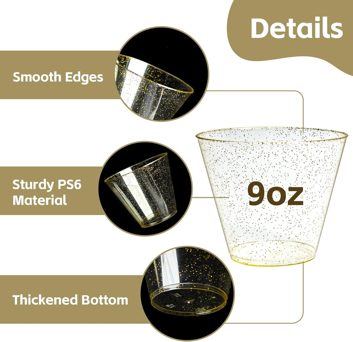 [200 Pack] 9oz Plastic Cups with Gold Glitter Sturdy & Food Safe Plastic Wine Glasses Disposable