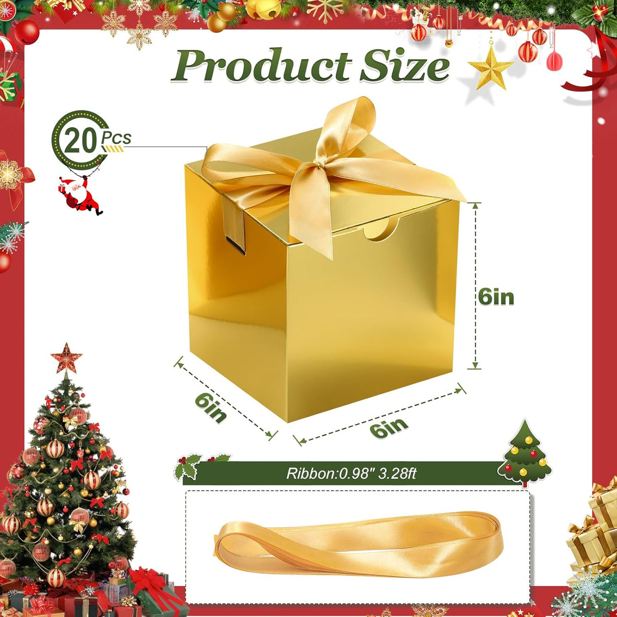 DOYIDE 20 Pack Small Gift Boxes, 6x6x6 Inch Gold Elegant Paper Boxes with Ribbons, Christmas Gift