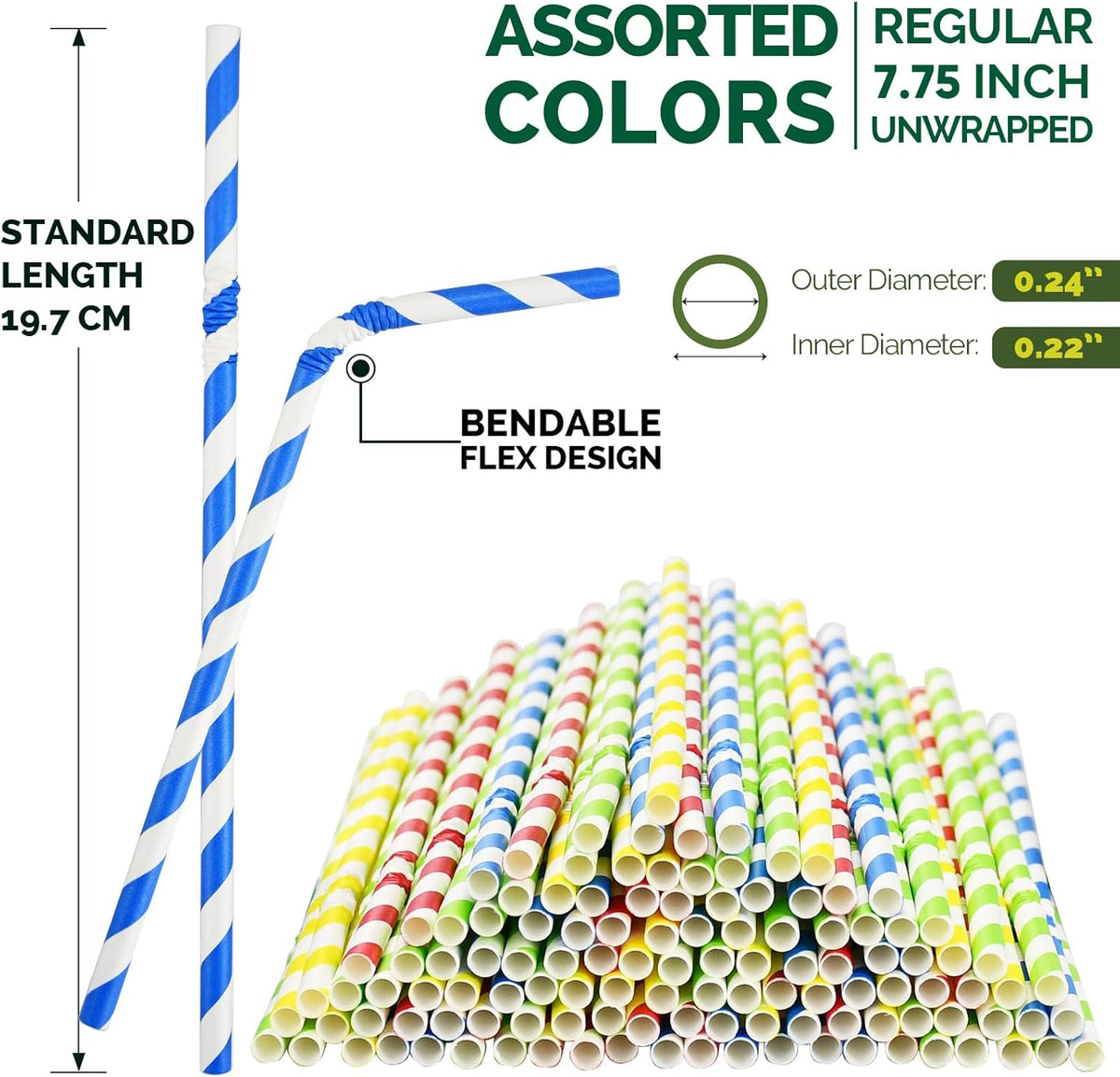 Flexible Paper Drinking Straws, 250 Count, 7.75" Long, 0.24" diameter - 100% Biodegradable