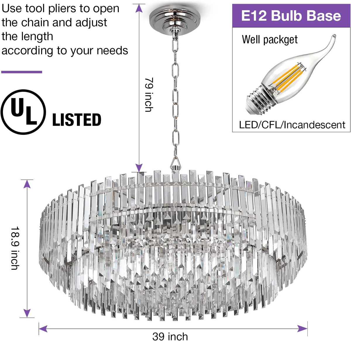 Crystal Chandelier Lighting 39'' for Dining Rooms Bedroom Foyer Entryway Ceiling Hanging Pendant