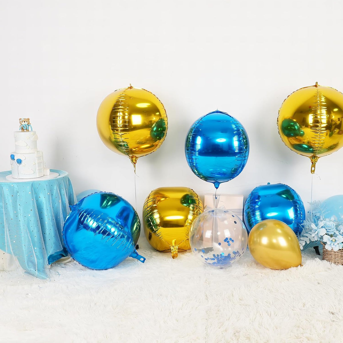 6Pcs Blue Gold Round Foil Balloons,Giant 4D Round Ball Balloon,22 Inch Metallic Blue Gold Balloons
