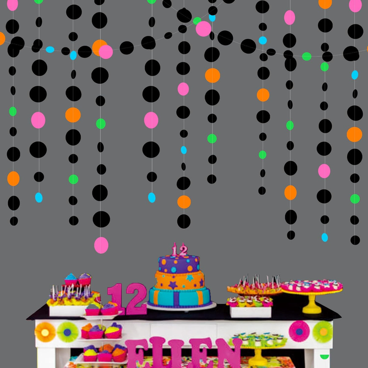 Black and Colorful Circle Dots Hanging Paper Streamer Black Multi-Color Polka Dot Banner for
