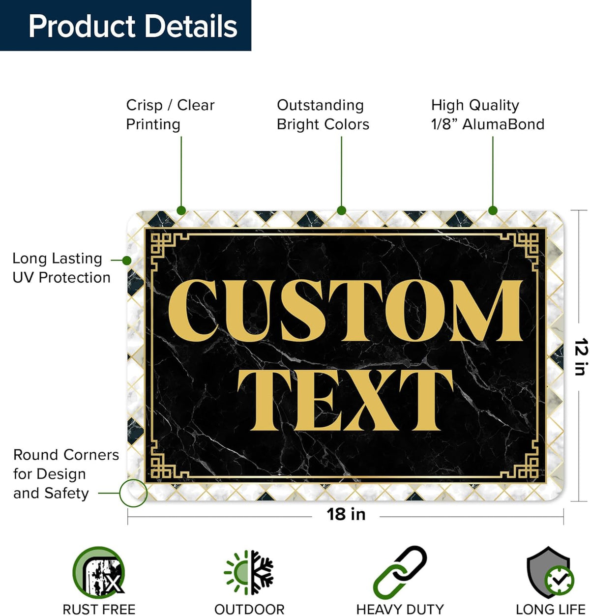 Custom Sign, Custom Street Sign, 11 Font Colors, 13 Font Styles, 4 Hole Options, 22 Sizes, 12x18