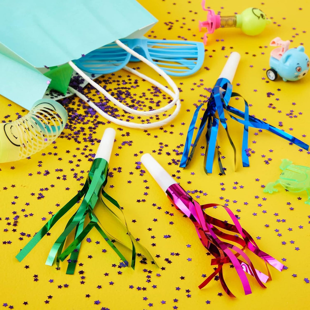 Juvale Party Noise Makers & Horns 50-Pack 5 Colors - Plastic Blow Pipes with Tinsel Fringe - Bulk