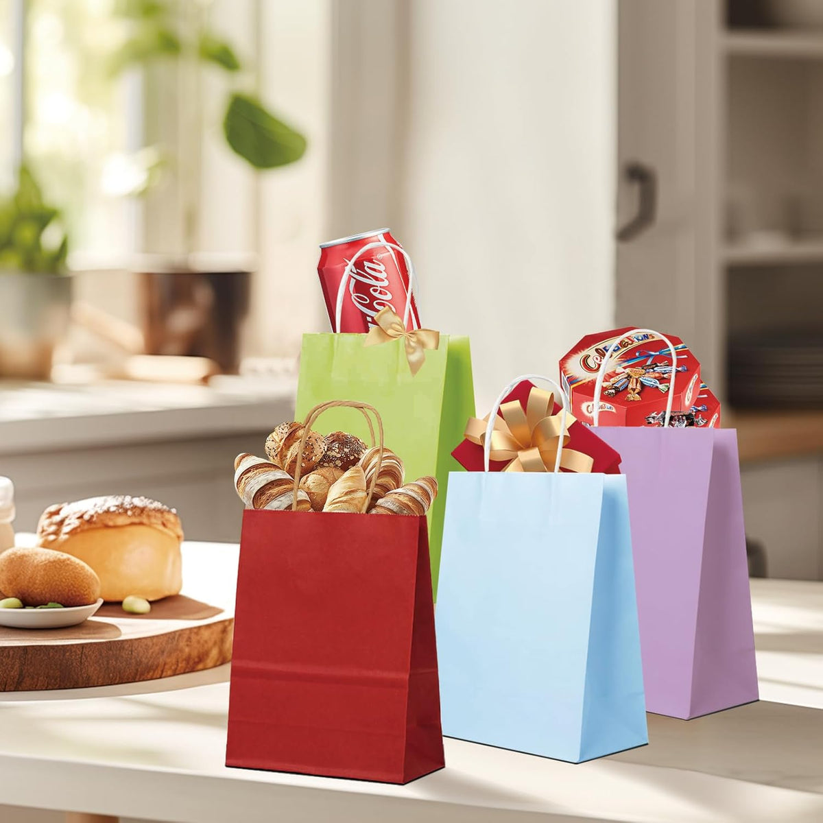 BAG BOX 25 Pack Small 5.9x3.1x8.25 Inch Green Kraft Paper Gift Bags with Handles for Bulk Shopping