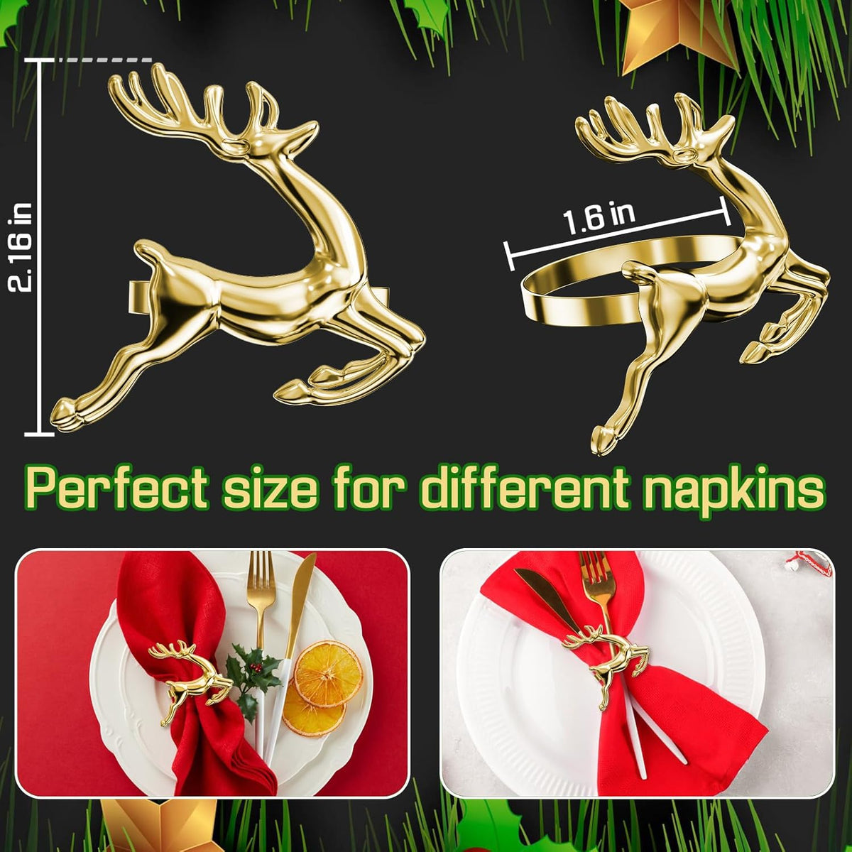 ZeeDix Gold Reindeer Christmas Napkin Rings Set of 6, Napkin Holder Ring for Christmas Dinner Table