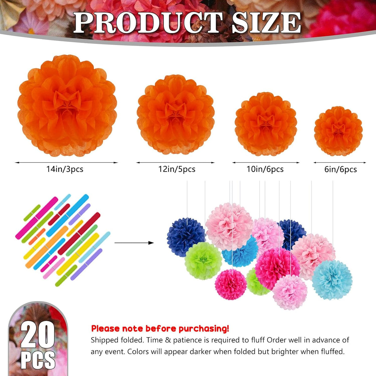 Tissue Paper Pom Poms, Orange Tissue Paper Flowers, Hanging Flower Balls for Weddings Fiesta