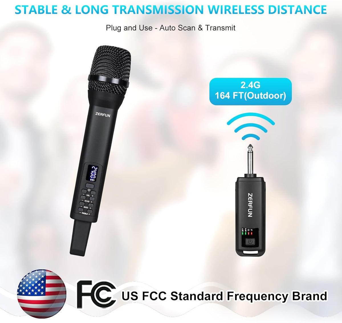Rechargeable Wireless Microphone, Pro Handheld Cordless Mic System with Echo Treble BASS VOL
