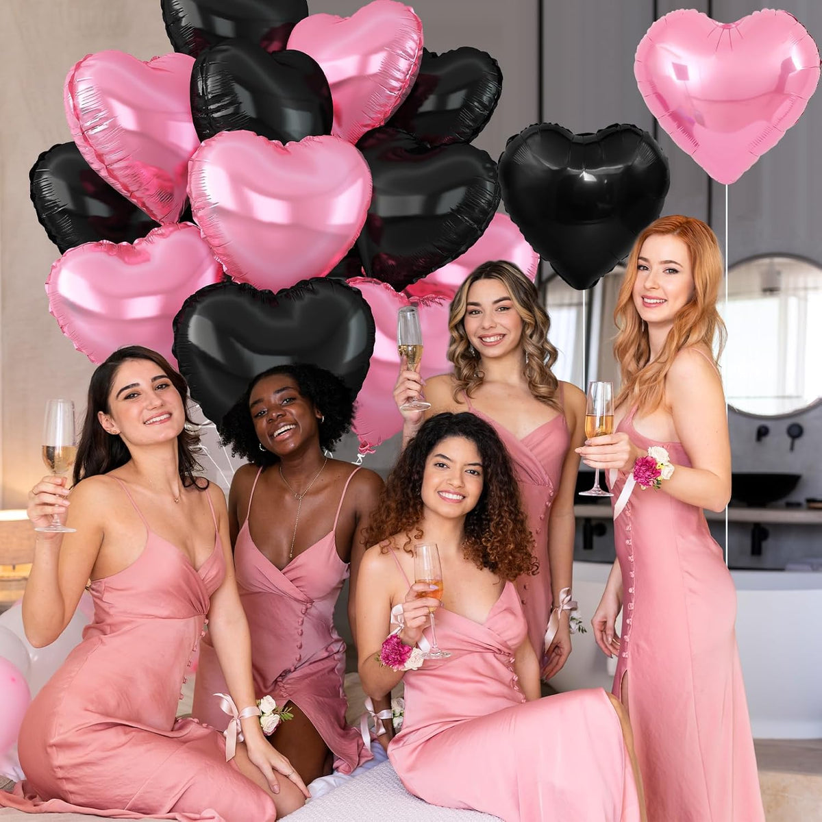 Pink Black Heart Balloons,12Pcs Light Pink Heart Shaped Foil Balloons,18Inch Black Pearl Pink