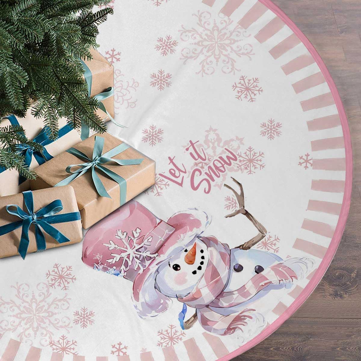 Let It Snow Snowman Christmas Tree Skirt 48 Inches, Pink Snowflake Tree Skirt, Winter Xmas Tree Mat