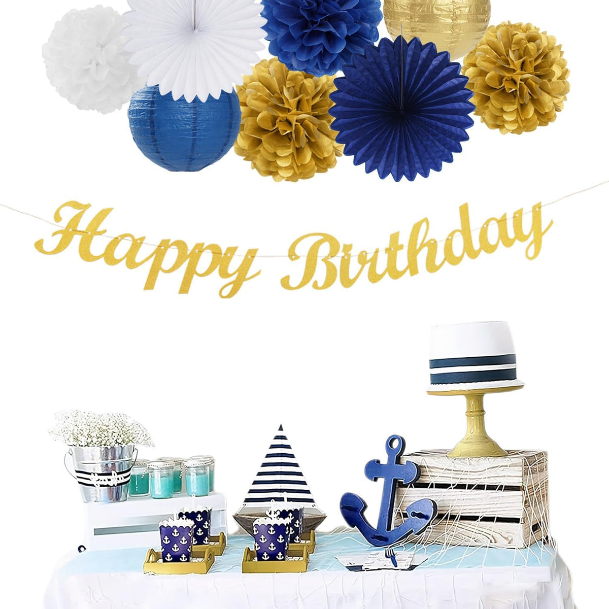 Royal-Navy Blue White Happy-Birthday Party-Decorations - 31pcs Men Women Boys Girl Paper Lanterns