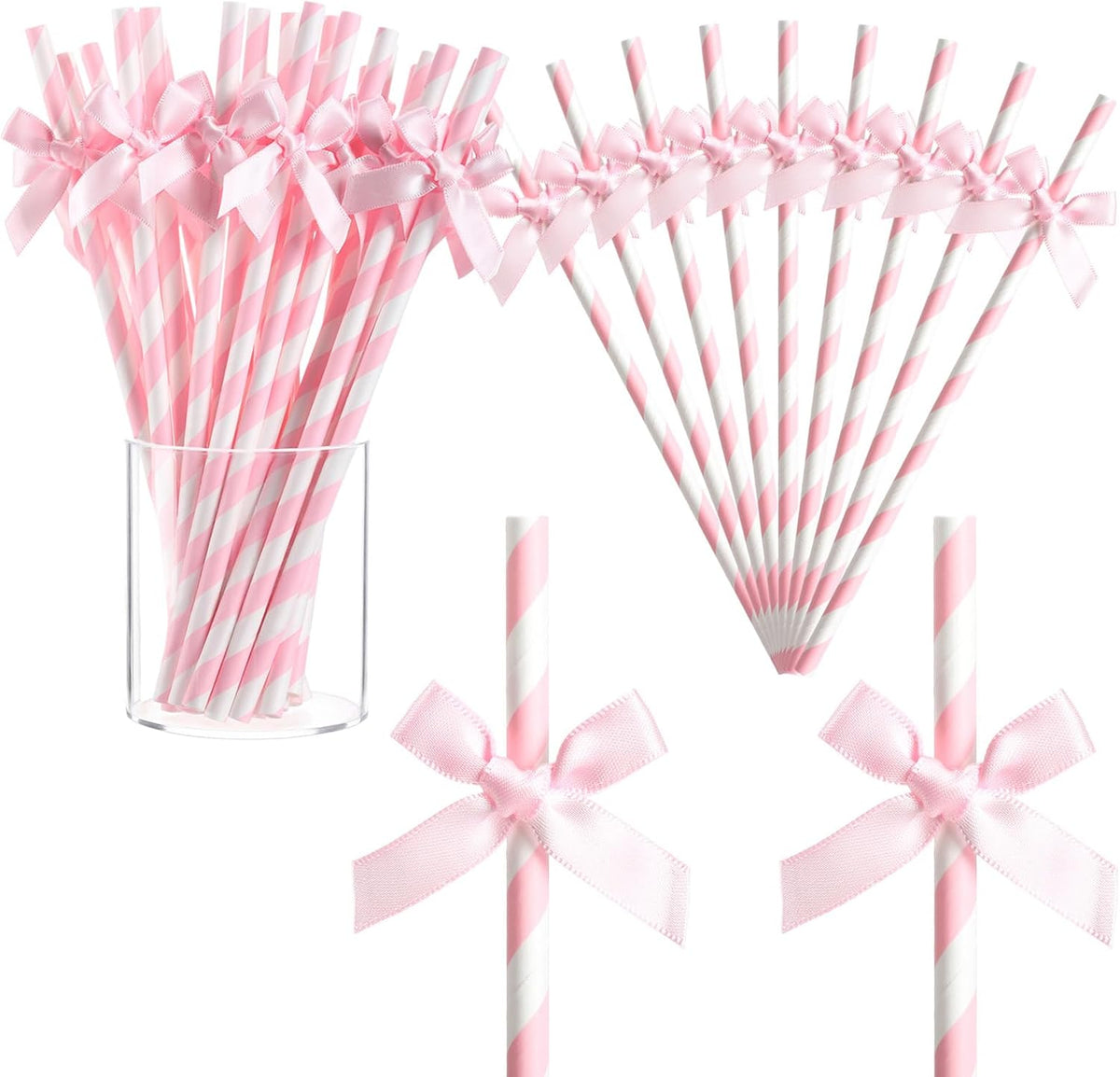 150 Pcs Pink Paper Straws for Drinking, Bow Disposable Striped Paper Straws Bulk Pink Theme