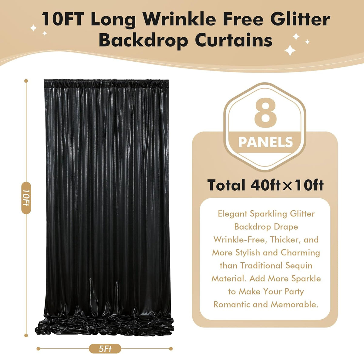 leegleri 40ftx10 ft Black Glitter Sequin Backdrop Curtain for Parties, Wrinkle Free Sparking