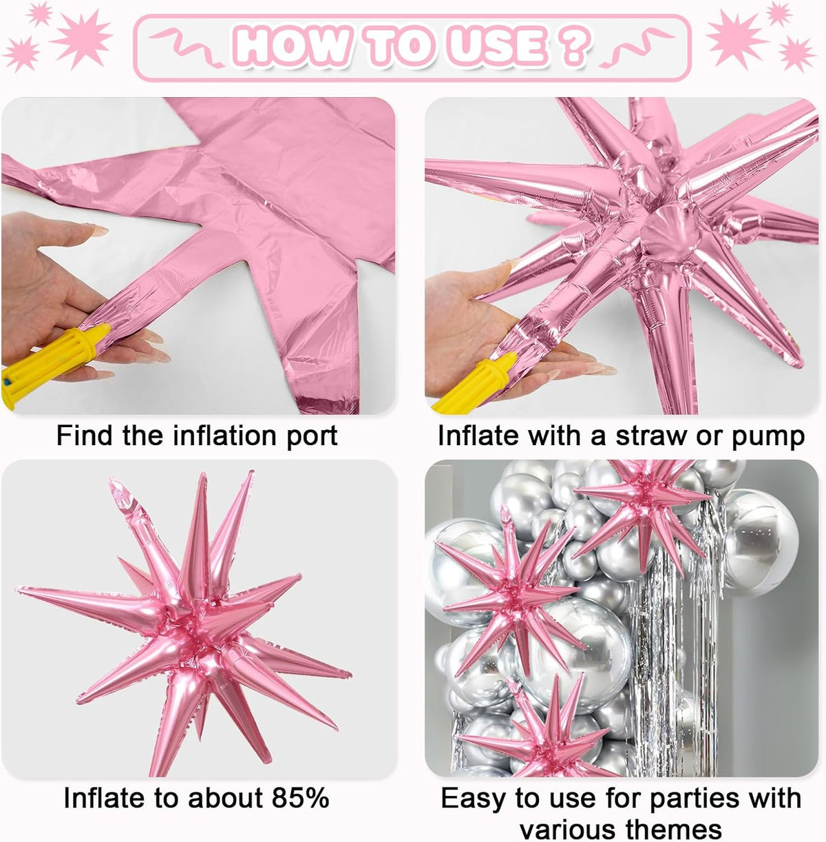 Pink Black Star Balloons,9Pcs 22Inch Black and Pink Explosion Spike Cone Helium Polyester Film Star