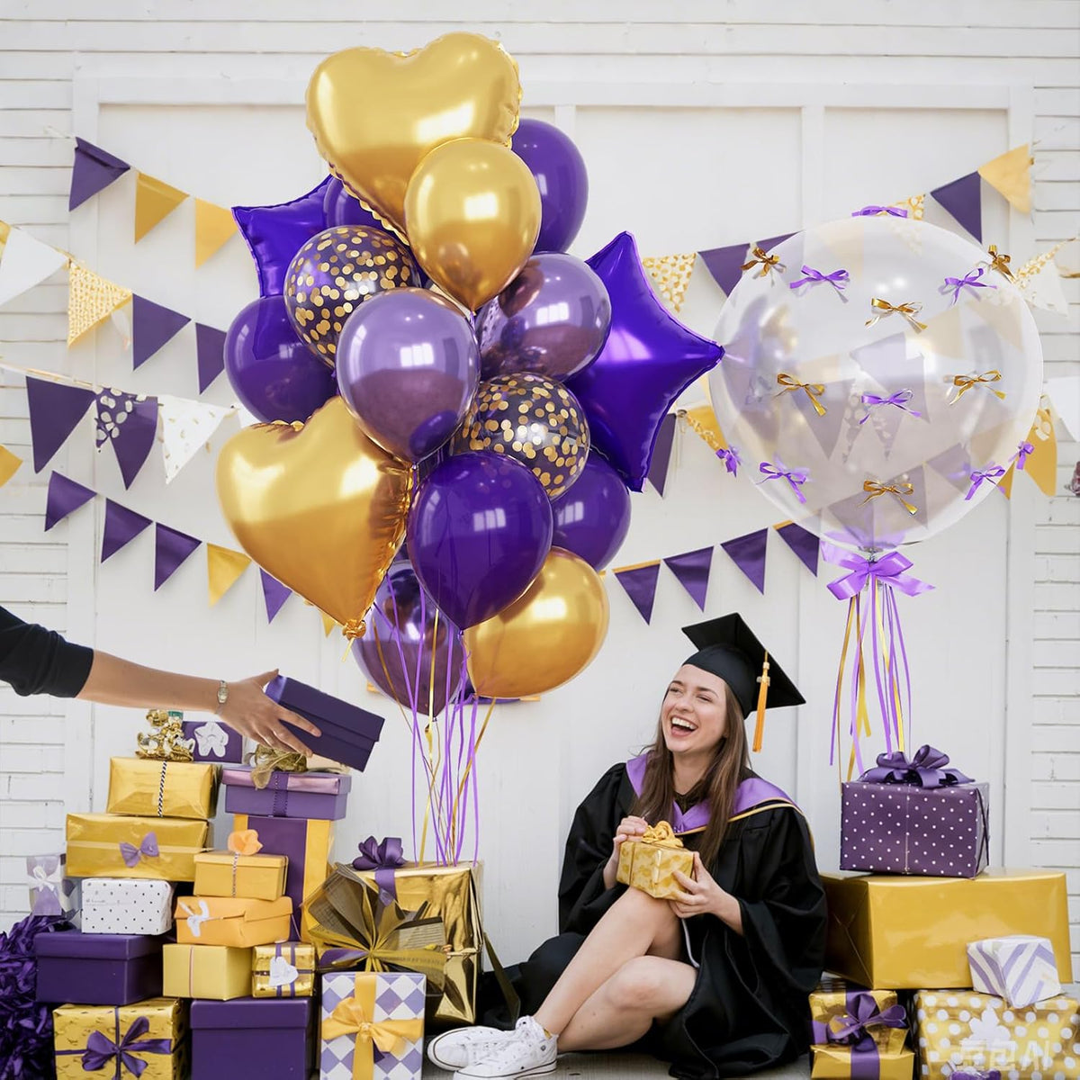 Purple and Gold Balloons Heart Star Mylar Balloon, Metallic Royal Dark Purple and Gold Party