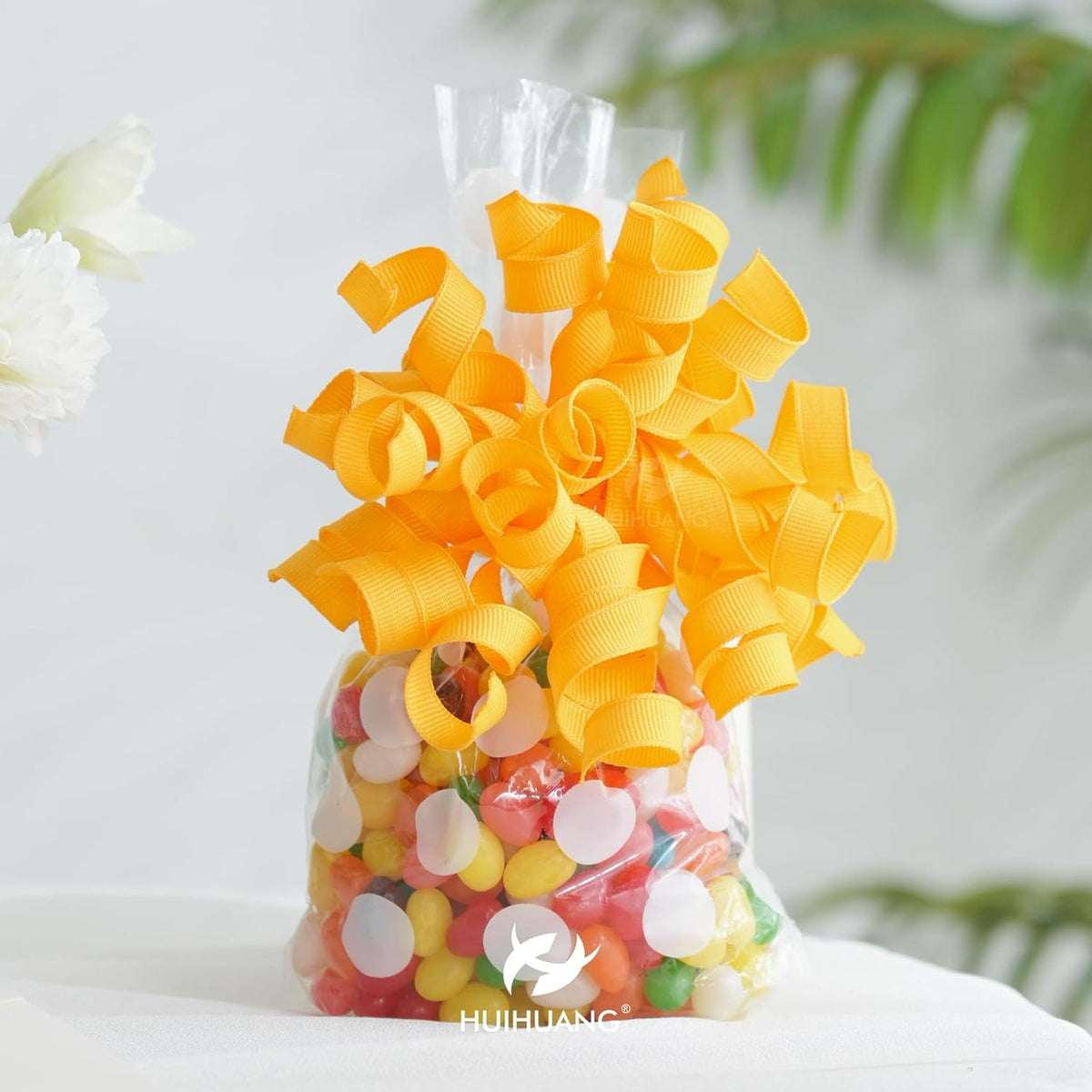 HUIHUANG Yellow Curly Ribbon Bows for Gift Wrapping, Yellow Gift Bows Self Adhesive Burst Gift Bows