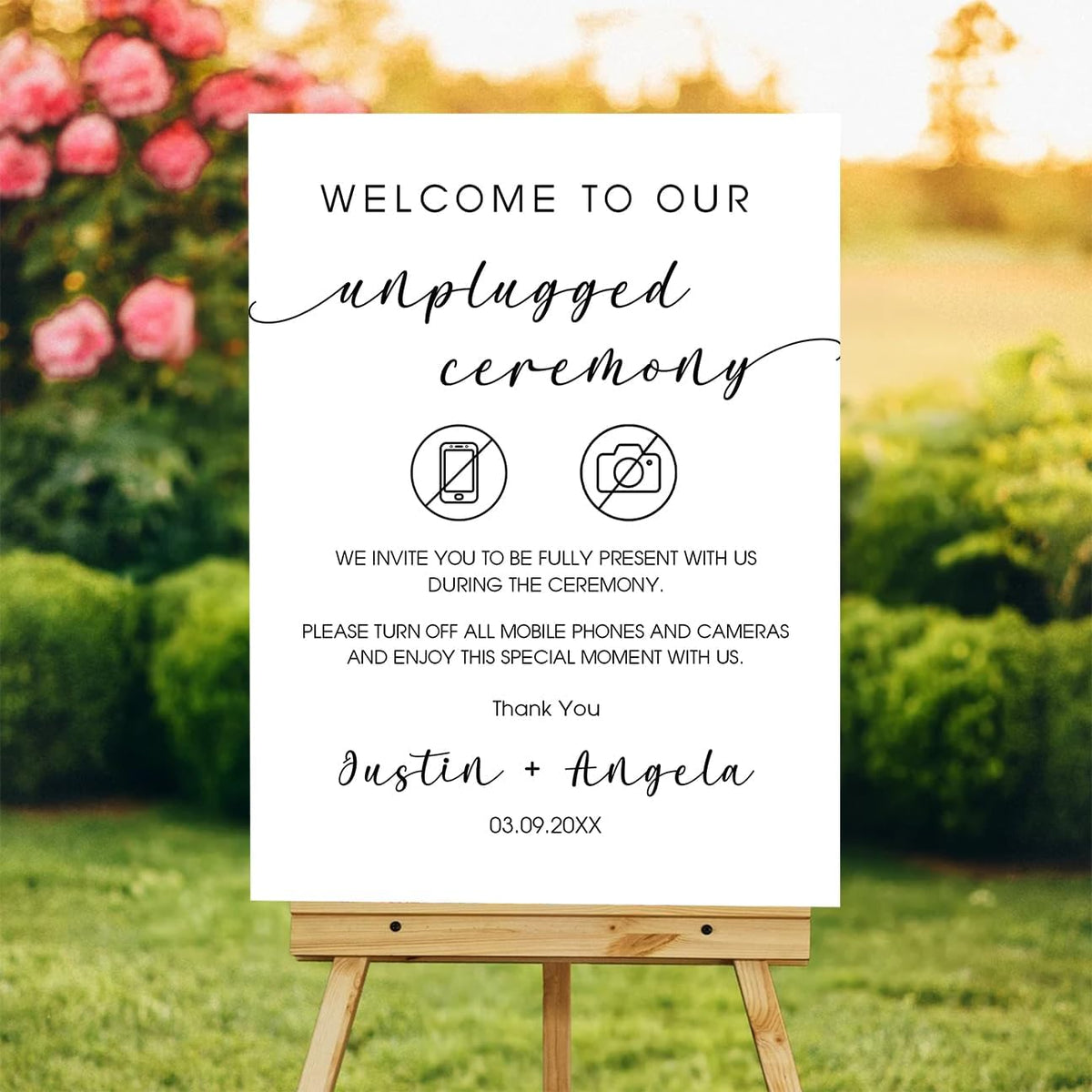 Wedding Unplugged Ceremony Yard Sign – No Phones or Cameras Icon – Outdoor Sign Personalized