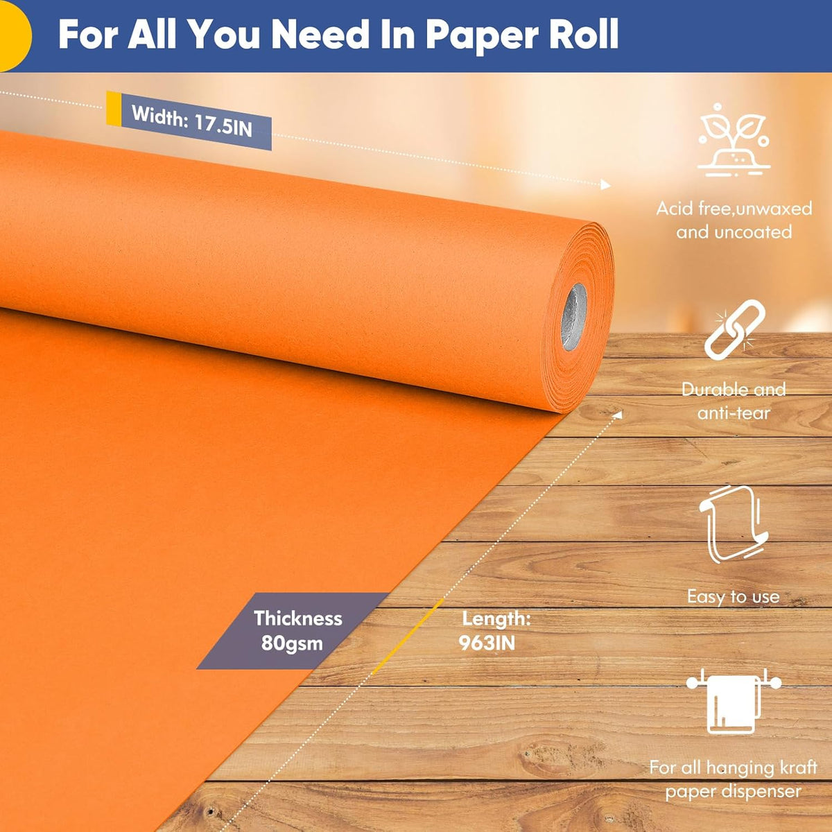 Vanhench Orange Wrapping Paper Roll 17.5"×963" (80/1/4FT), Orange Kraft Paper Roll，Solid Color Art