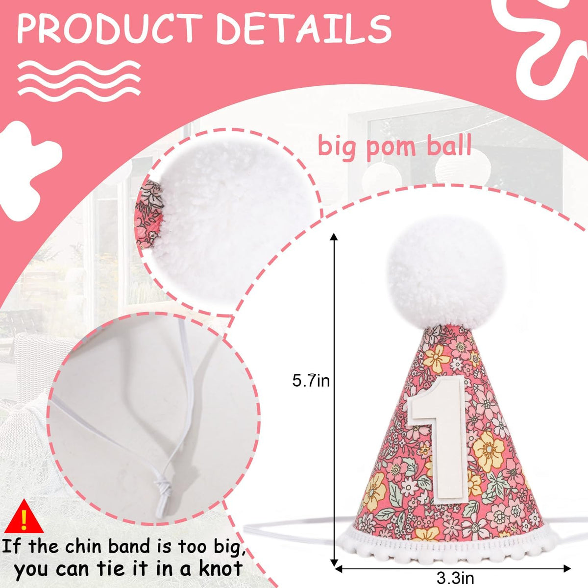 WAUAO Floral 1st Birthday Hat - Colorful Flower Cone Hat for Girls & Boys, First Birthday Crown