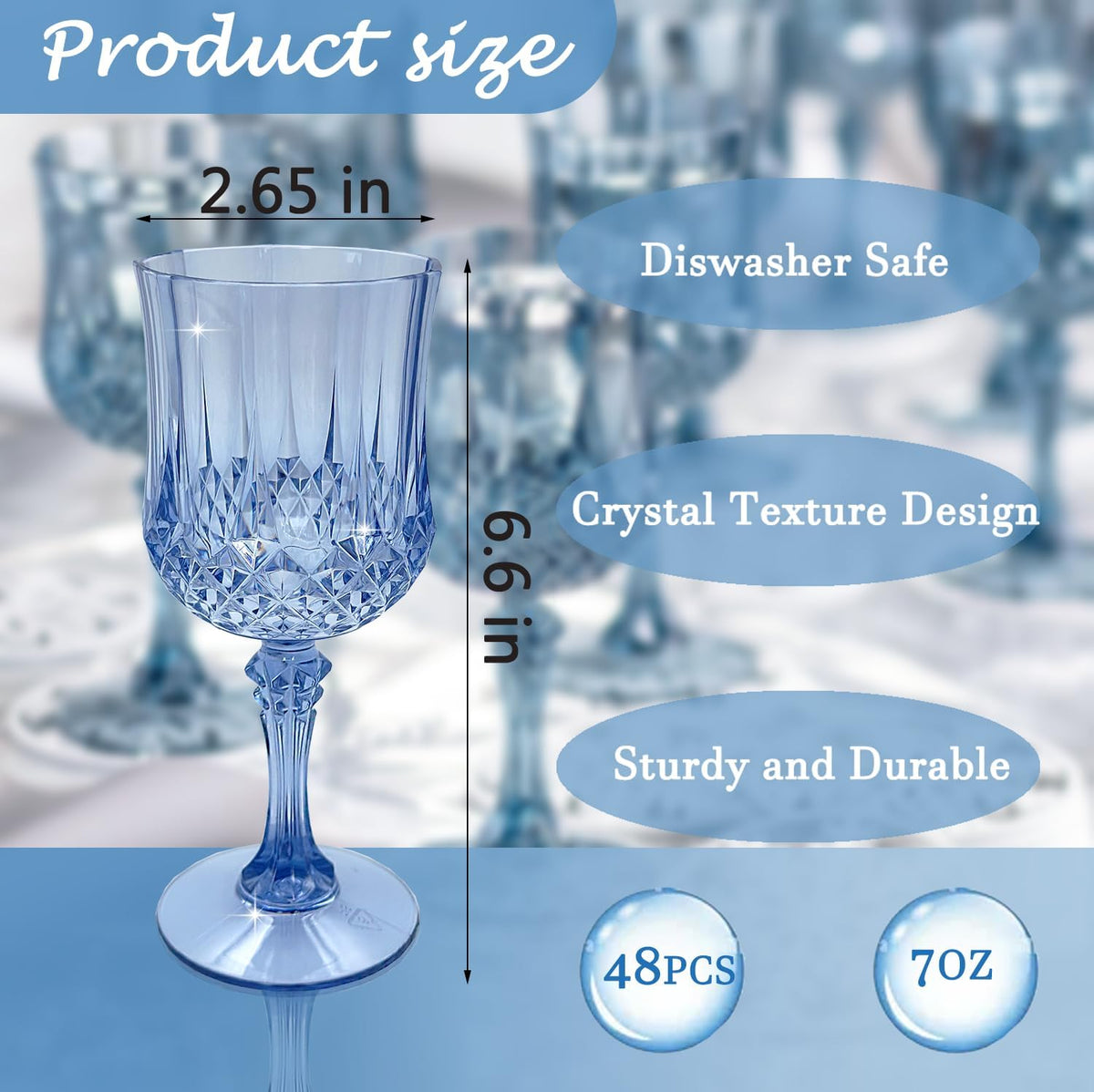 Blue Plastic Wine Glasses，Plastic Goblets for Parties，Drinking Glasses for Wedding Reception, Grand