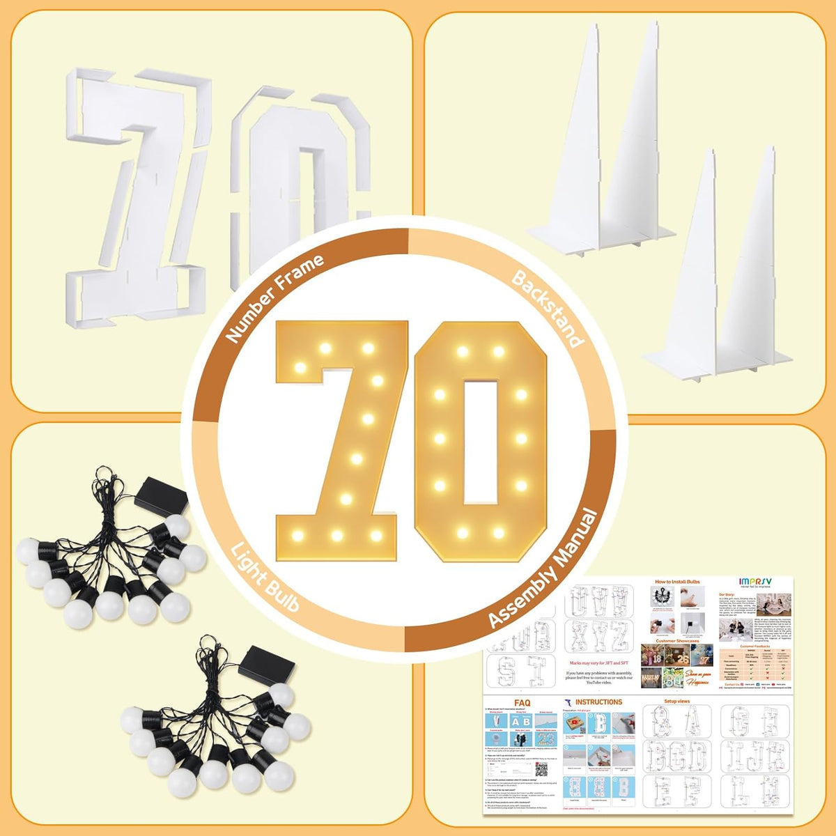 imprsv 4FT Light Up Numbers, Marquee Numbers 70th Birthday Decorations for Women Men, Large Light